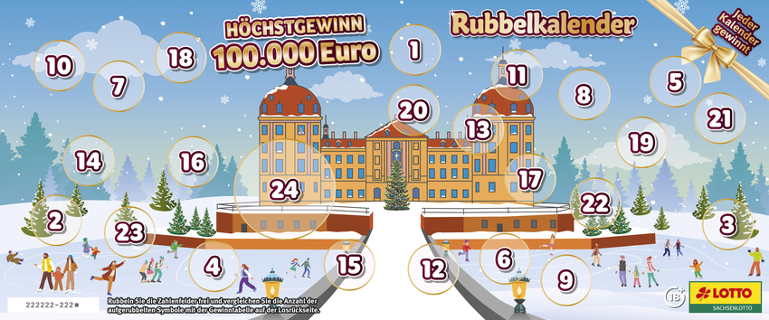 Sachsenlotto Rubbelkalender "Moritzburg" - Höchstgewinn 100.000 Euro, Jeder Kalender gewinnt