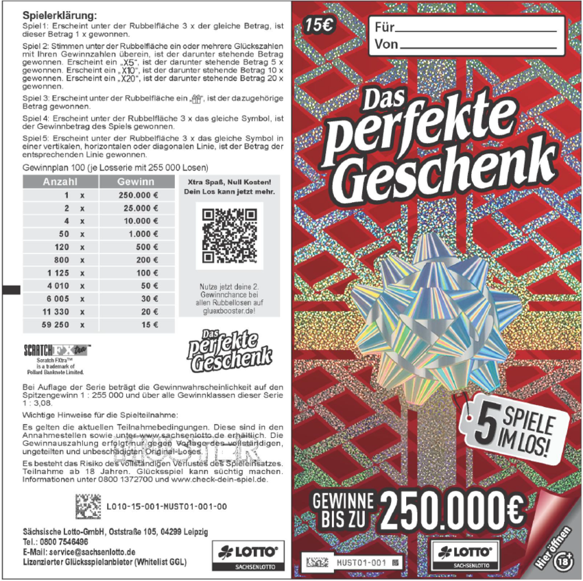 Außenseiten von "Das perfekte Geschenk": Vorderseite in Geschenkoptik: "Das perfekte Geschenk", 5 Spiele im Los, Gewinne bis zu 250.000€. Rückseite: Spielerklärung