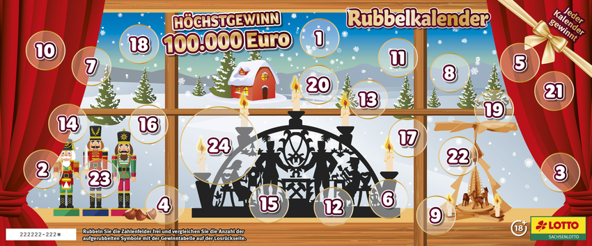 Sachsenlotto Rubbelkalender "Schwibbbogen" - Höchstgewinn 100.000 Euro, Jeder Kalender gewinnt